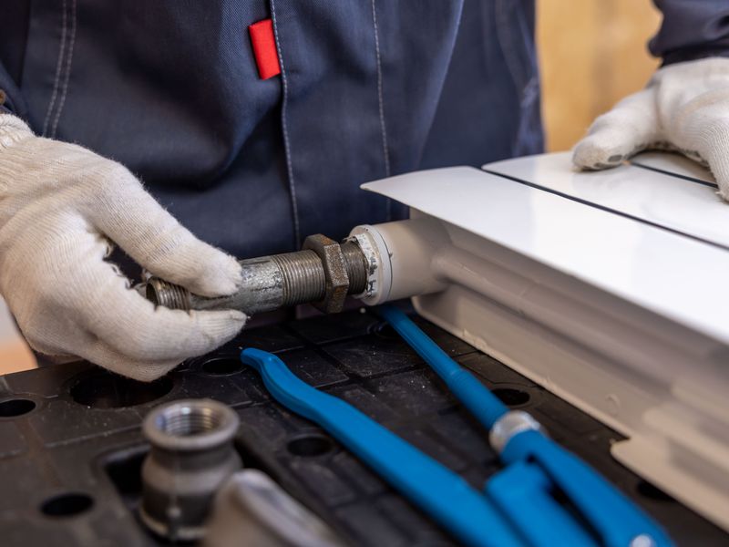 A plumber installing a radiator pipe with specialist tools
